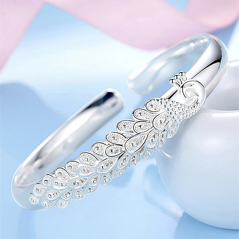 Elegant Peacock Silver Bangle