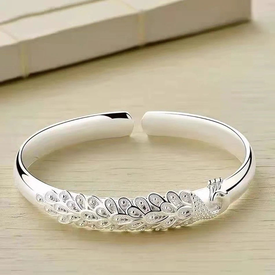 Elegant Peacock Silver Bangle