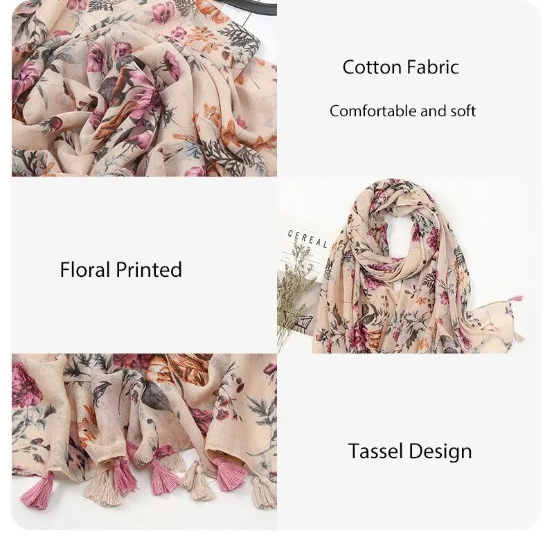 Floral Tassel Cotton Scarf