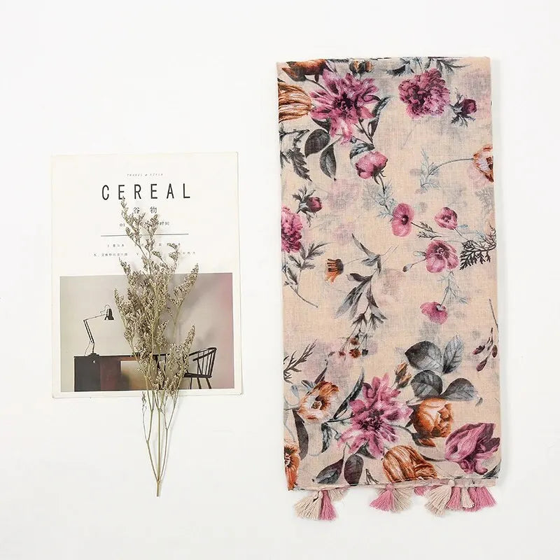 Floral Tassel Cotton Scarf