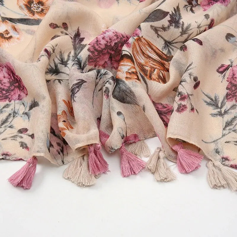 Floral Tassel Cotton Scarf