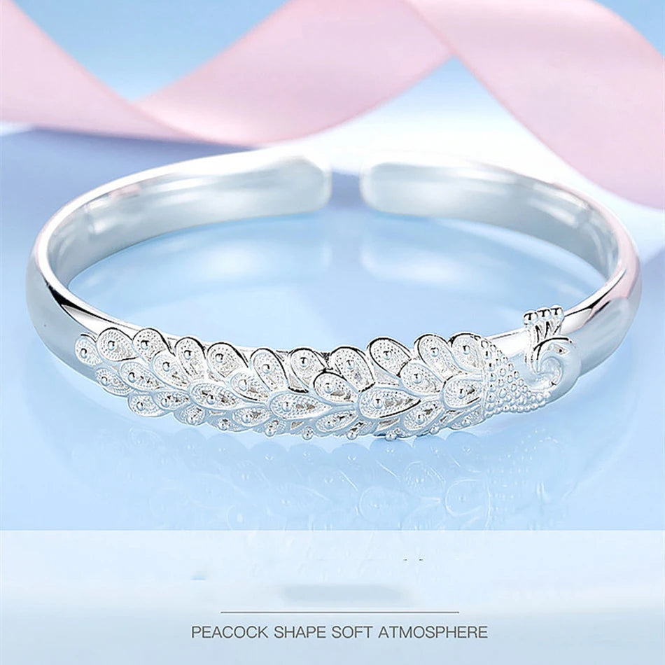 Elegant Peacock Silver Bangle