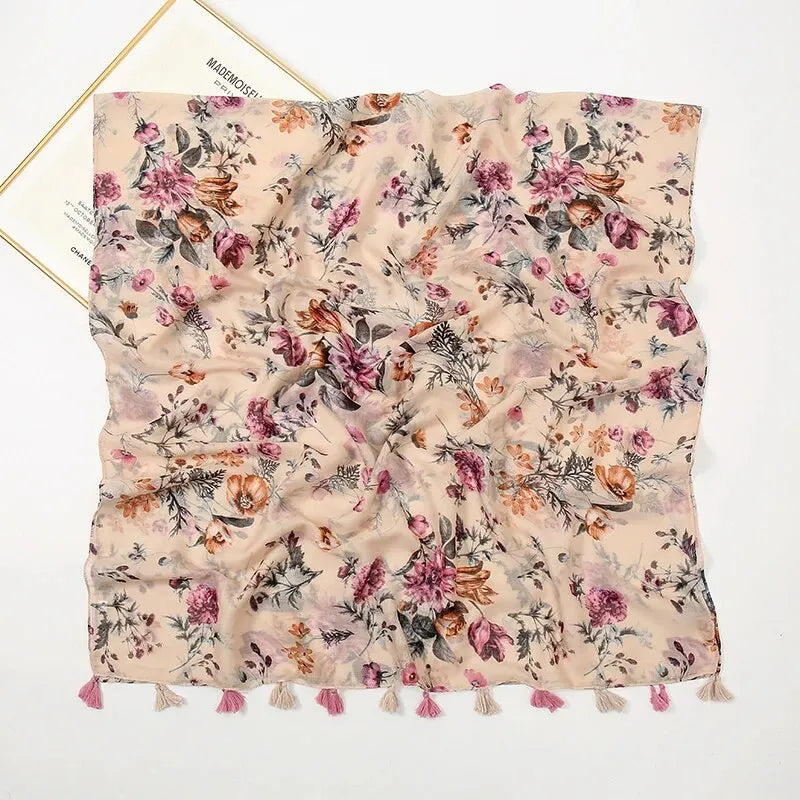 Floral Tassel Cotton Scarf