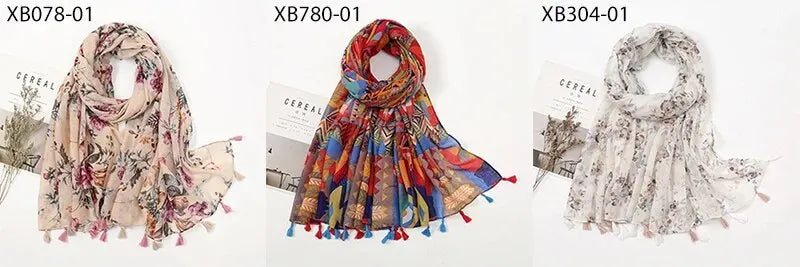 Floral Tassel Cotton Scarf