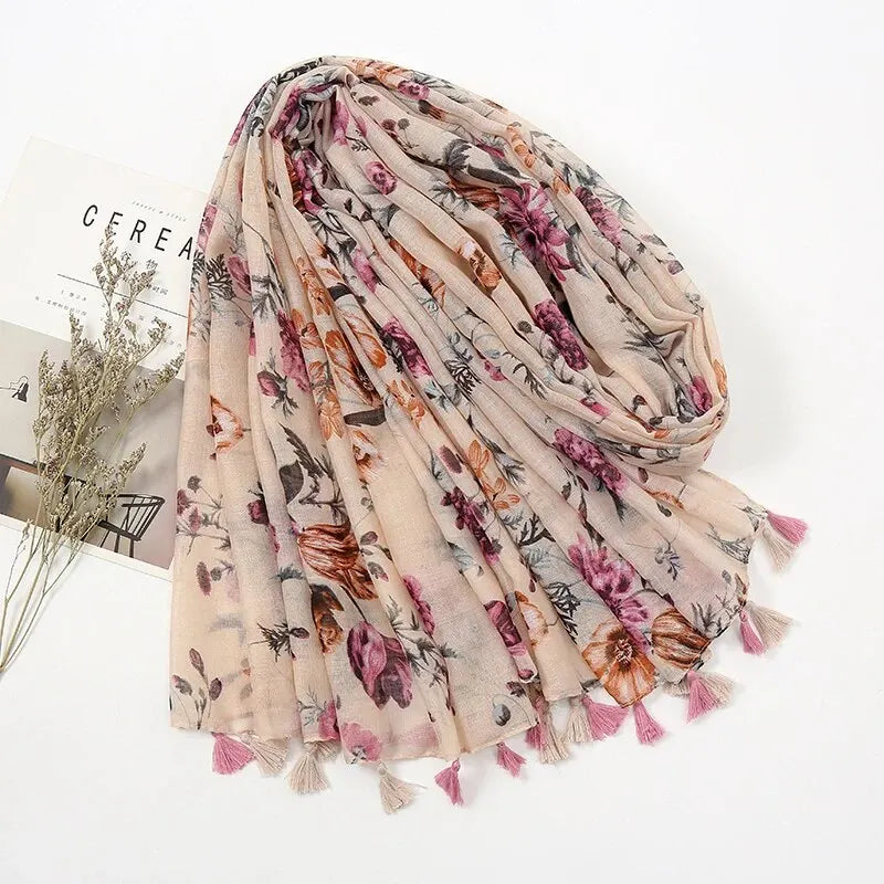 Floral Tassel Cotton Scarf