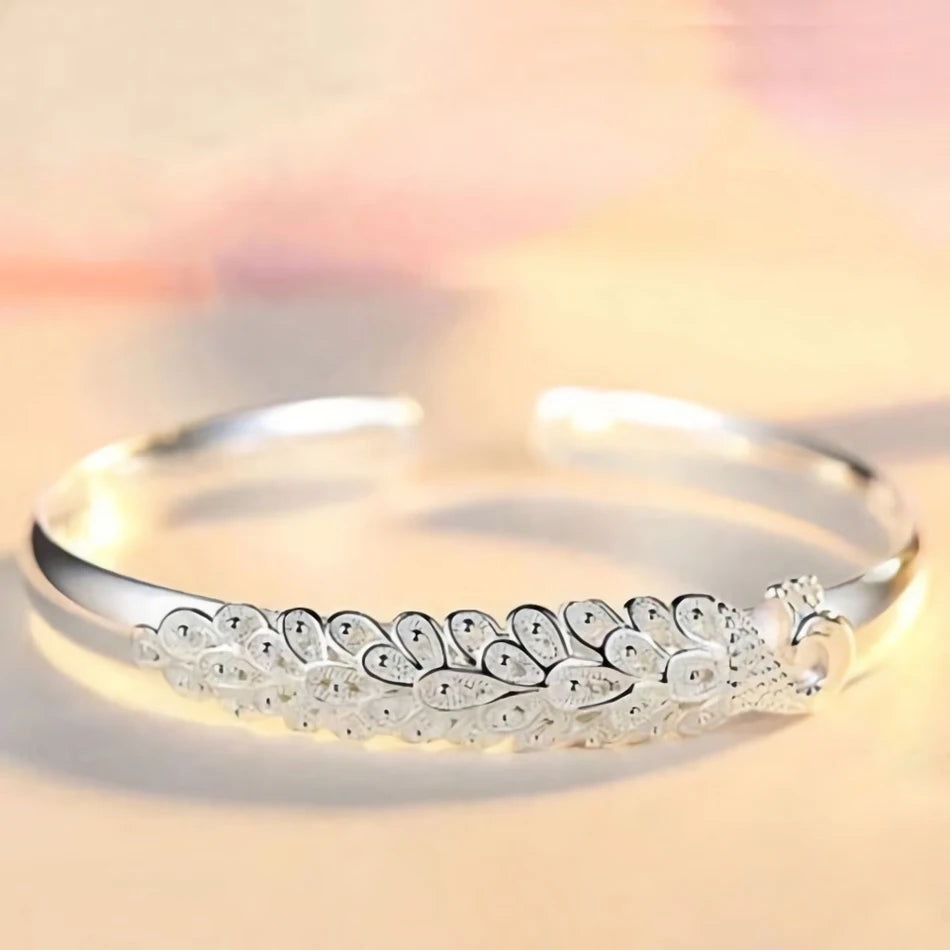 Elegant Peacock Silver Bangle