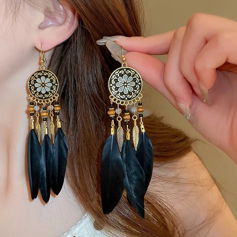 Boho Feather Tassel Earrings - RASNA - RASNA