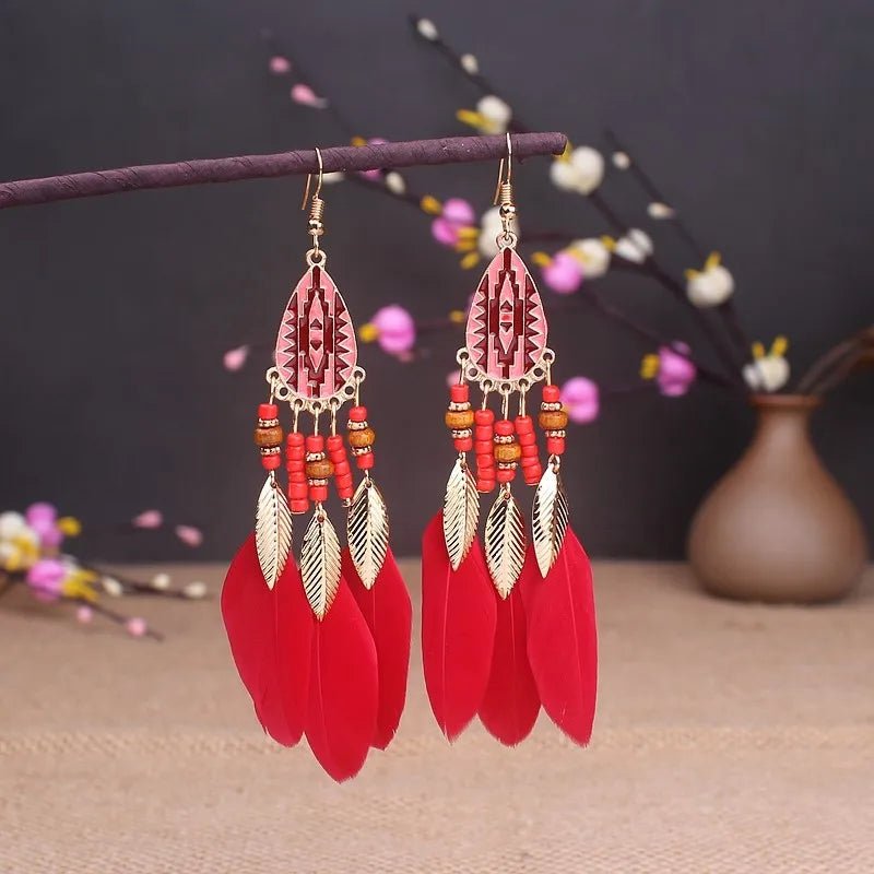 Boho Feather Tassel Earrings - RASNA - RASNA